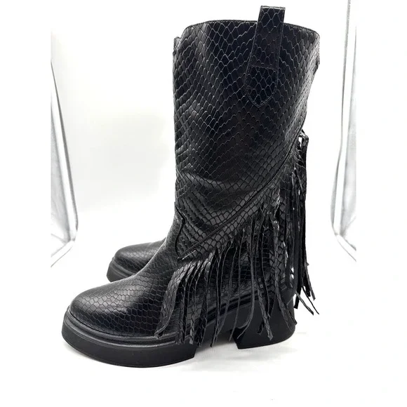 Womens Black Gothic Faux Snakeskin Moto Biker Fringe Chunky Platform Boots 11/42 - Picture 4 of 9